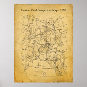 Affiches Vintage Alaskan Gold Prospecting Map - 1897