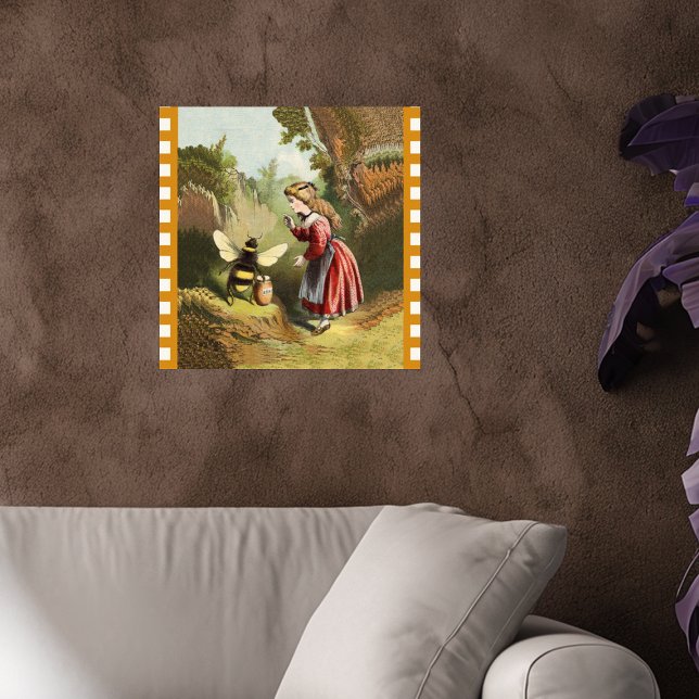 Affiches Vintage Bee Little Girl Honey Pot (Victorian girl in woods talking to bee guarding his pot of honey checkered border on wall poster.)
