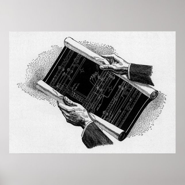 Affiches Vintage Business, Mains w Architectural Blueprints (Devant)