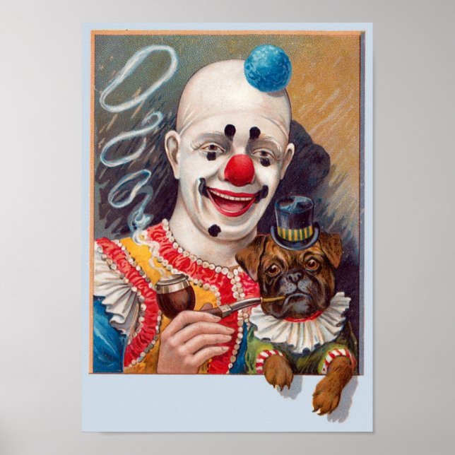 Affiches Vintage Circus Clown with his Circus Pug Dog Poste (Devant)