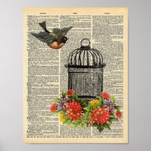 Affiches Vintage Dictionary Wall Art Bird and Cage