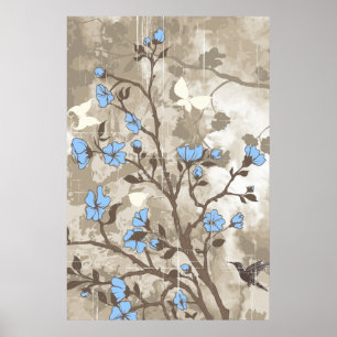 Affiches Vintage flowers blue taupe floral grunge custom