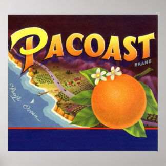 Affiches Vintage Fruit Crate Art Étiquette, Oranges Pacoast