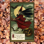 Affiches Vintage Halloween sorcière Broomstick avec chat<br><div class="desc">Illustration vintage Halloween design de vacances avec une méchante sorcière volant sur son balai avec un chat noir sur ses genoux. Ils volent à travers le ciel nocturne sur All Hallows Eve avec une pleine lune au loin, des chauves-souris et un citrouille éffrayant jack-o-lantern. Le texte dit : "C'est la...</div>