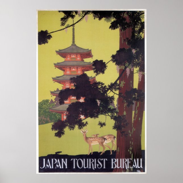 Affiches Vintage Japon Voyage Deer et Temple (Devant)