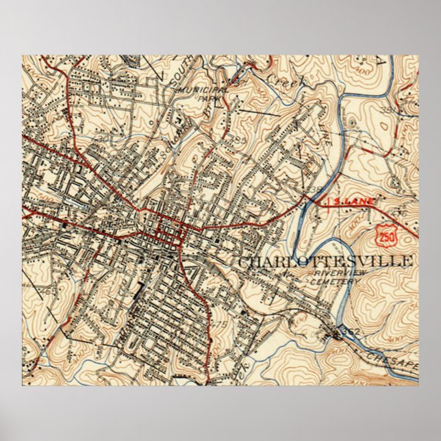 Affiches Vintage Map of Charlottesville Virginia (1949) (Devant)
