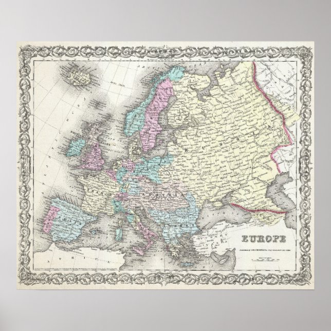Affiches Vintage Map of Europe (1855) (Devant)