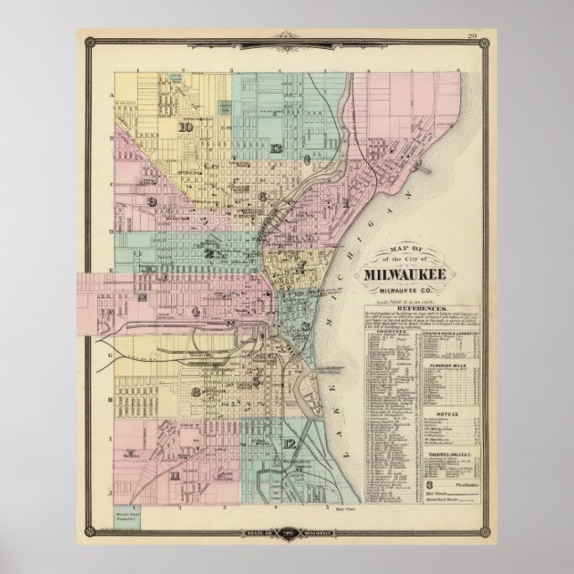 Affiches Vintage Map of Milwaukee (Devant)