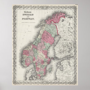 Affiches Vintage Map of Norway and Sweden (1865)