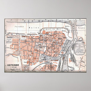 Affiches Vintage Map of Ostend Belgium (1905)