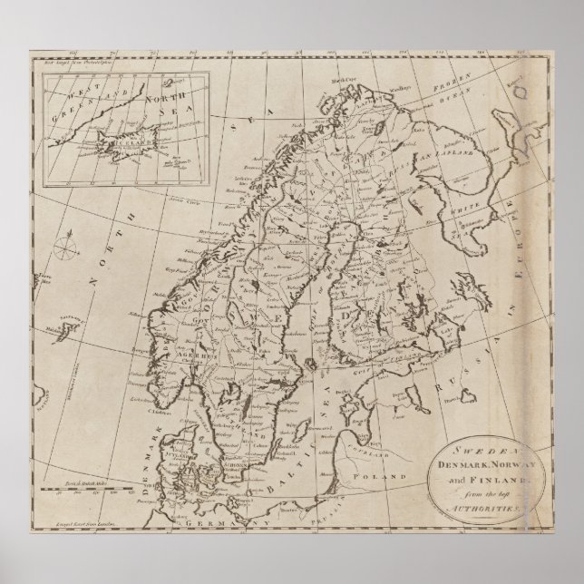 Affiches Vintage Map of Scandinavia (Devant)