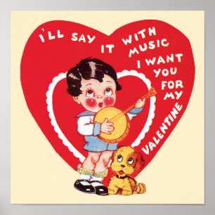 Affiches Vintage Mignon Saint-Valentin, Enfant Joue du Banj