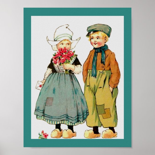 Affiches Vintage mignonne Dutch Boy & Girl avec Rose & Love (Devant)
