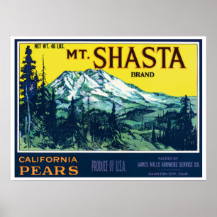 Affiches Vintage Mt Shasta California Pears Étiquette