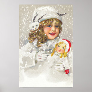 Affiches Vintage Noël Victorienne fille avec poupée en neig