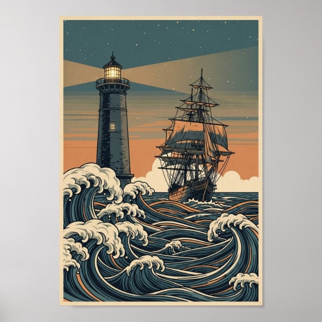 Affiches Vintage Océan Phare Impression (Devant)