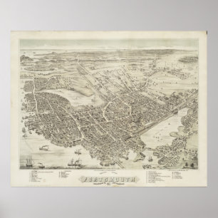 Affiches Vintage Pictorial Map of Portsmouth NH (1877)