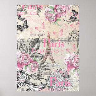 Affiches Vintage typo noir rose floral Paris Tour Eiffel