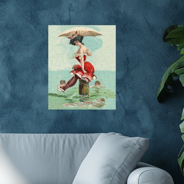 Affiches Vintage Victorian Bathing Beauty (Victorian lady in red bathing suit with parasol on stump in ocen surrounded by admirers on poster.)
