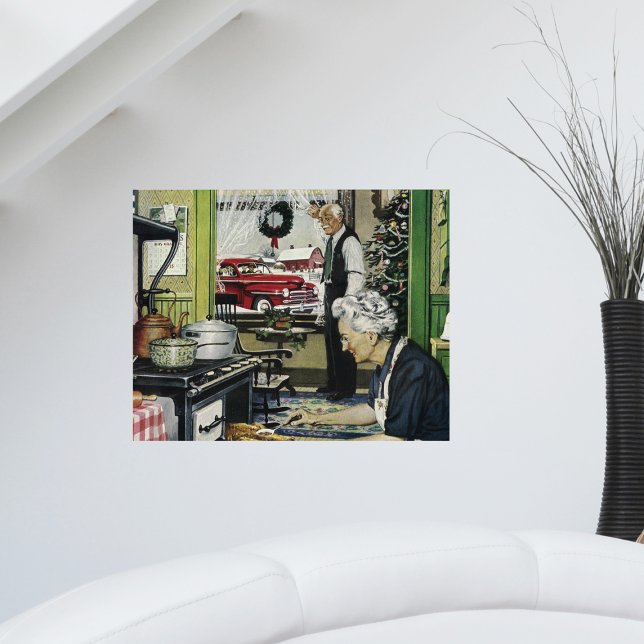 Affiches Vintage Vieux Noël à la maison (Vintage holiday scene cooking turkey dinner at Grandparents house on a poster.)