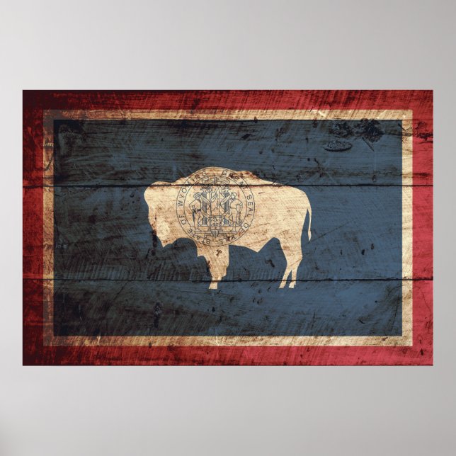 Affiches Vioming State Flag on Old Wood Grain (Devant)