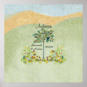 Affiches Vœux de mariage d'oiseau d'amour d'arbre vintage