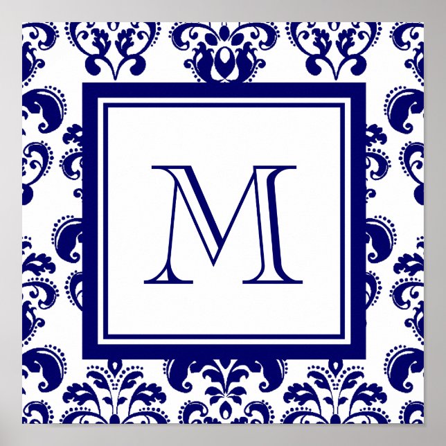 Affiches Votre Monogramme, Modèle bleu marine Damas 2 (Devant)