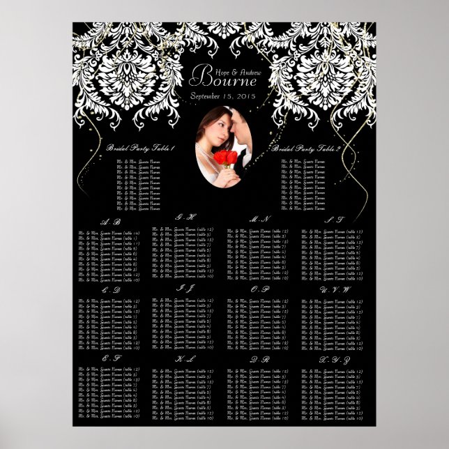 Affiches Votre photo Black White Damask 140 + Seating Chart (Devant)