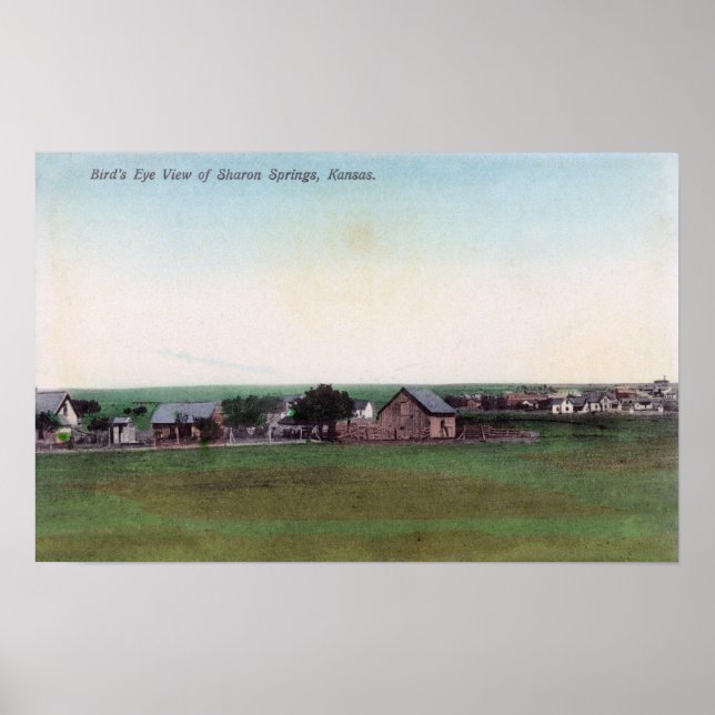 Affiches Vue aérienne de la ville de Sharon Springs, KS (Devant)