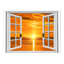 Vue de fenêtre fausse de coucher de soleil magnifi