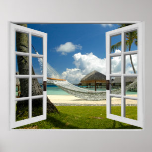 Affiches Vue de fenêtre tropicale factice de plage