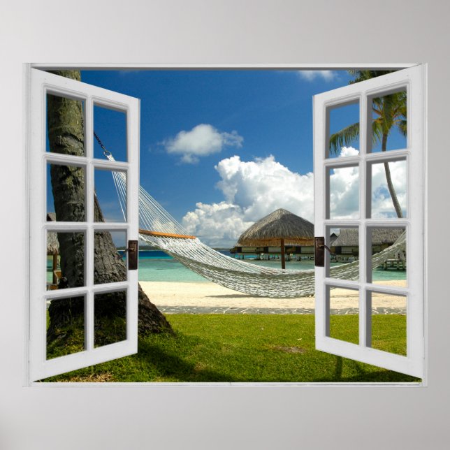 Affiches Vue de fenêtre tropicale factice de plage (Devant)