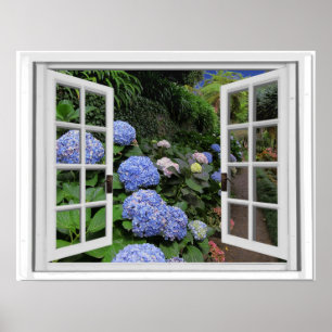 Affiches Vue de jardin d'hortensias Fausse fenêtre
