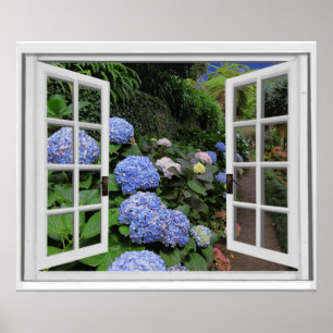 Affiches Vue de jardin d'hortensias Fausse fenêtre