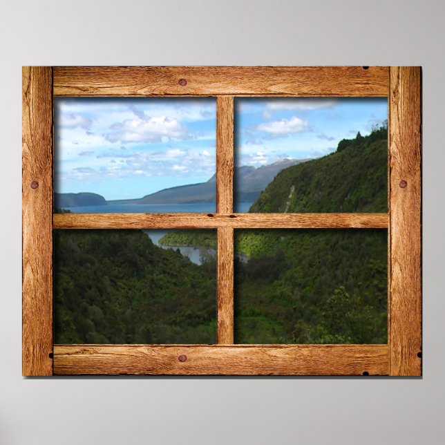 Affiches Vue de la Nouvelle-Zélande avec une fenêtre en boi (Devant)