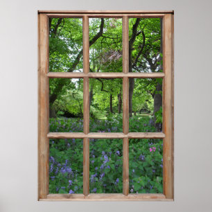 Affiches Vue du jardin de jacinthes par une fenêtre