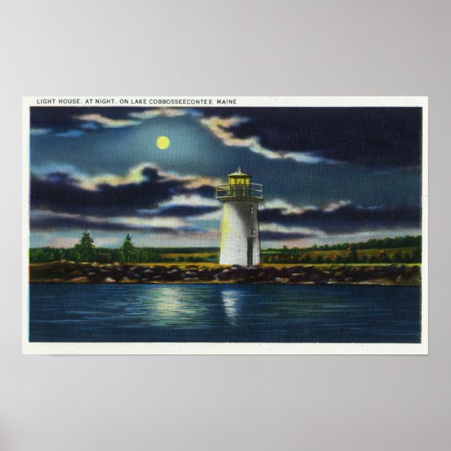 Affiches Vue du phare du lac Cobbosseecontee à la nuit (Devant)