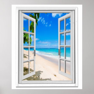 Affiches Vue océanique de plage tropicale Fausse fenêtre