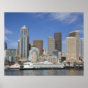 Affiches WA, Seattle, Seattle skyline avec ferry boat