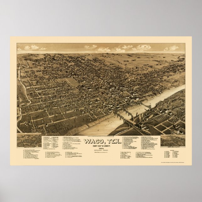 Affiches Waco, TX Carte panoramique - 1886 (Devant)