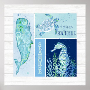 Affiches Wall Art Beach Ocean Shore Turtle Seahorse