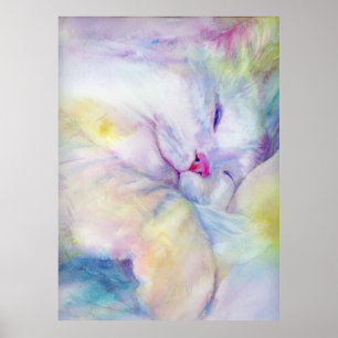Affiches watercolor of white cat sleeping on a white sheet