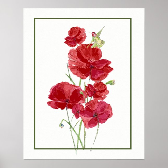 Affiches Watercolor Red Poppies & Hummingbird Garden art (Devant)