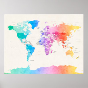 Affiches Watercolour Political Map of the World