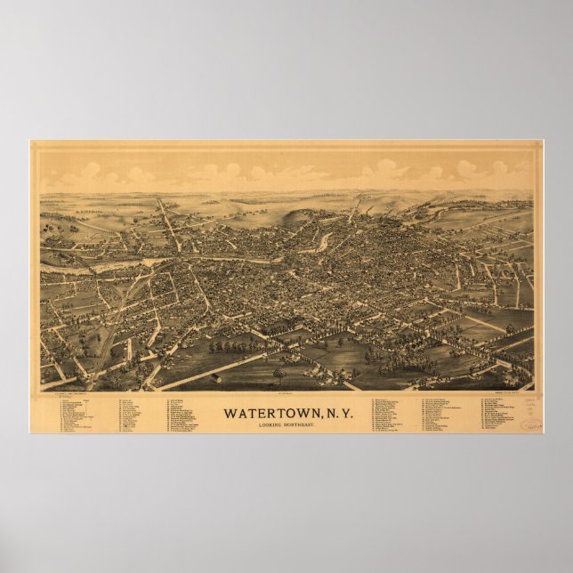 Affiches Watertown New York 1891 Carte panoramique antique (Devant)