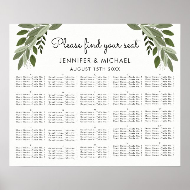 Affiches Wedding Sprigs - Alphabetical Seating Chart (Devant)