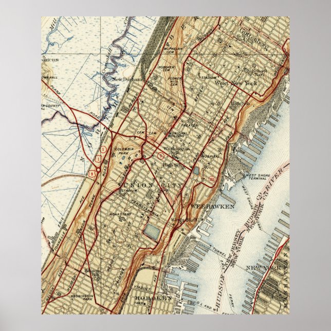 Affiches Weehawken, Union City & West New York Map (1935) (Devant)