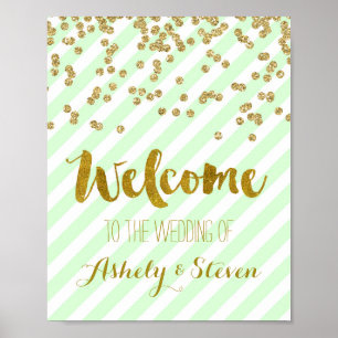 Affiches Welcome to our Wedding Sign Mint Gold Stripes