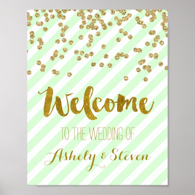 Affiches Welcome to our Wedding Sign Mint Gold Stripes (Devant)