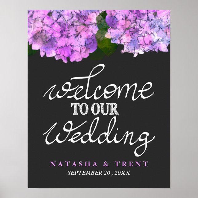 Affiches Welcome To Our Wedding Typography Hydrangea Floral (Devant)
